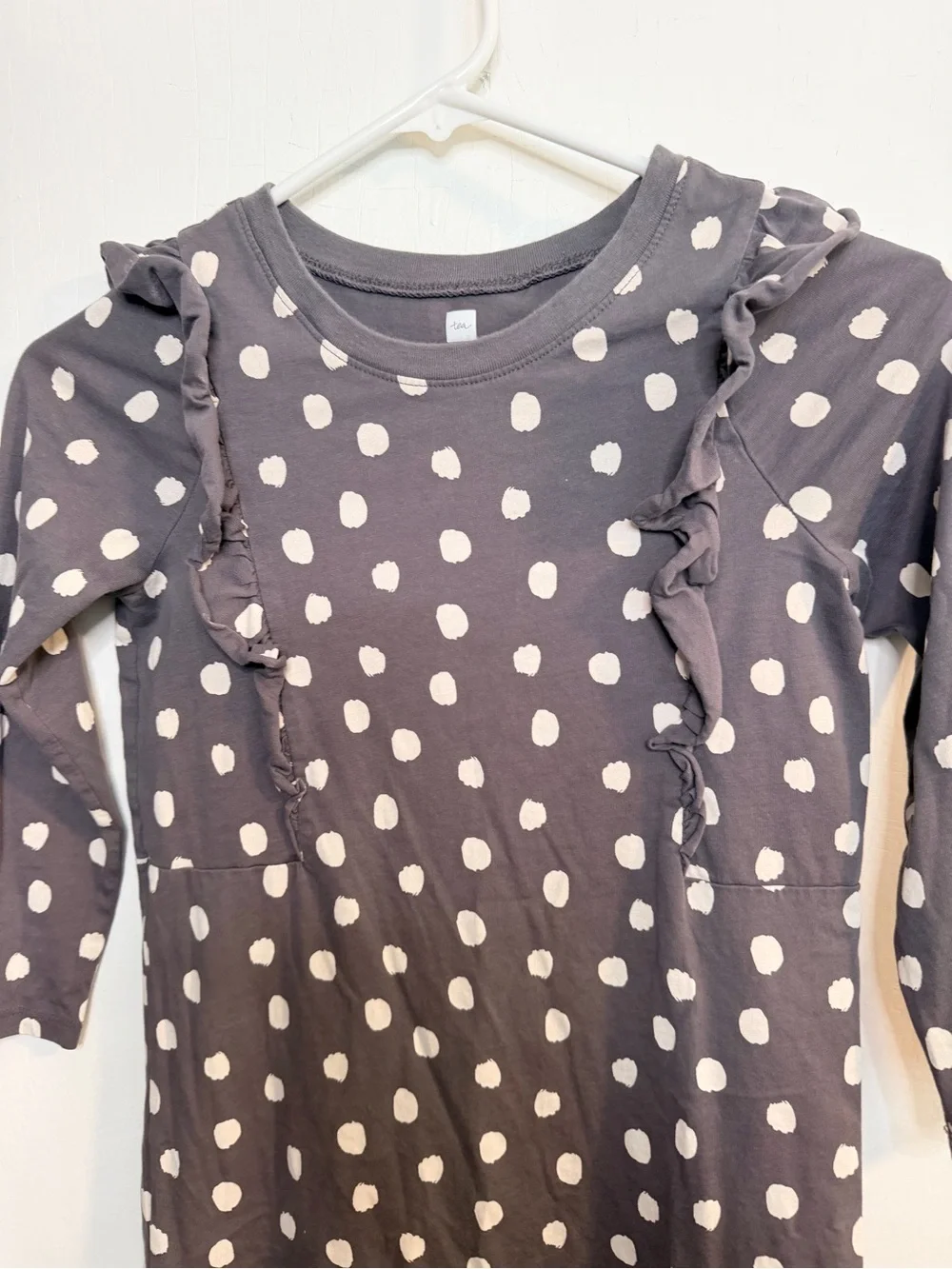 Tea Collection Gray Dress with White Polka Dots and Ruffle Detail